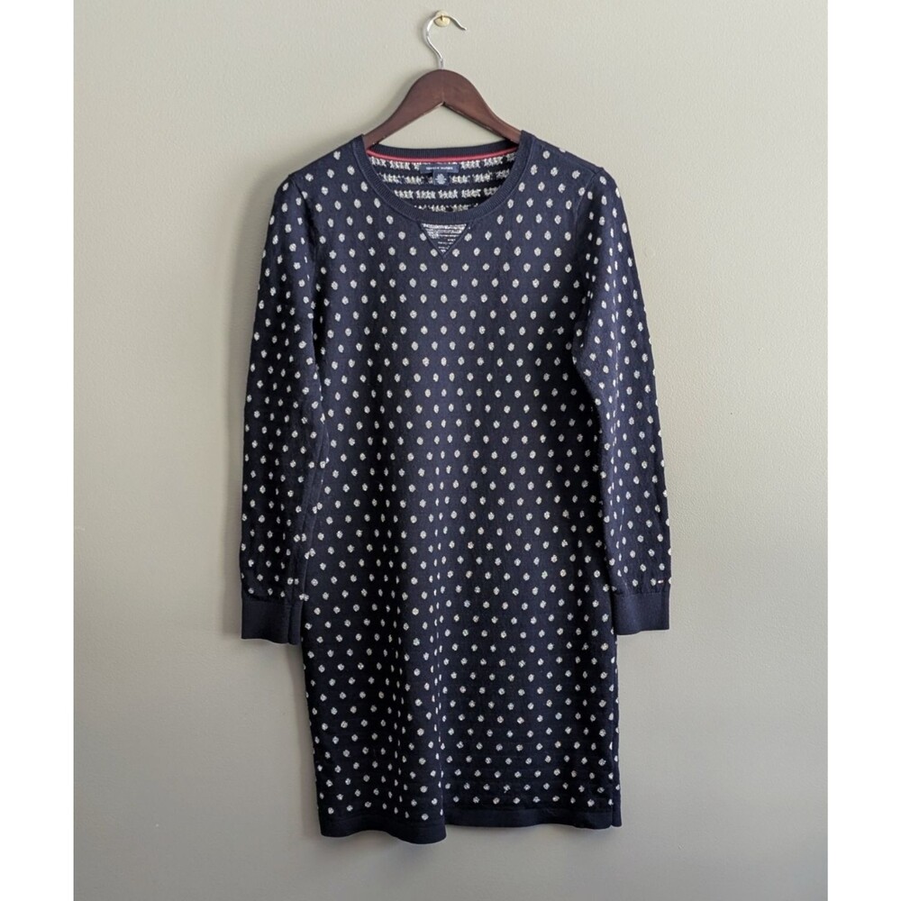 Tommy Hilfiger Women’s Sweater Dress Large Blue Metallic Polka Dot Knit LS L